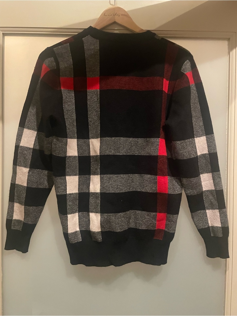 Navy Plaid women’s sweater with red and grey Accents - Picture 2 of 3